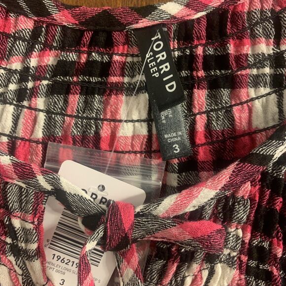 TORRID Sleep Top Womens 3X Pink Plaid Button Down 3/4 Sleeves Smocked Neck NWT - Picture 2 of 6